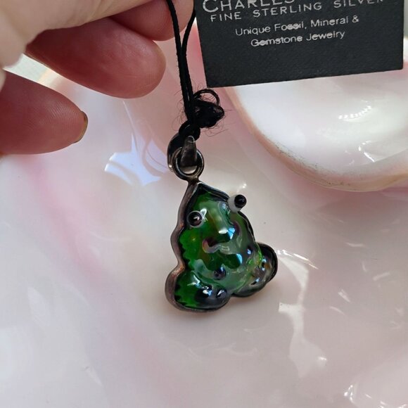 Charles Albert Green Dichroic Glass Frog Pendant in Sterling Silver 1 3/4" - Picture 3 of 8